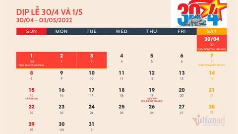 Dịp lễ 30/4 - 1/5/2022 được nghỉ mấy ngày?