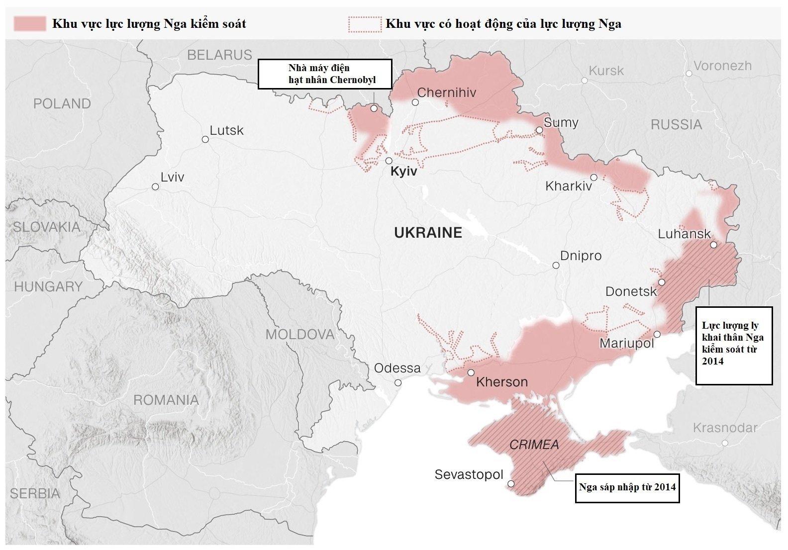 Các khu vực tại Ukraine do Nga kiểm soát sau 18 ngày giao tranh. Đồ họa: CNN.