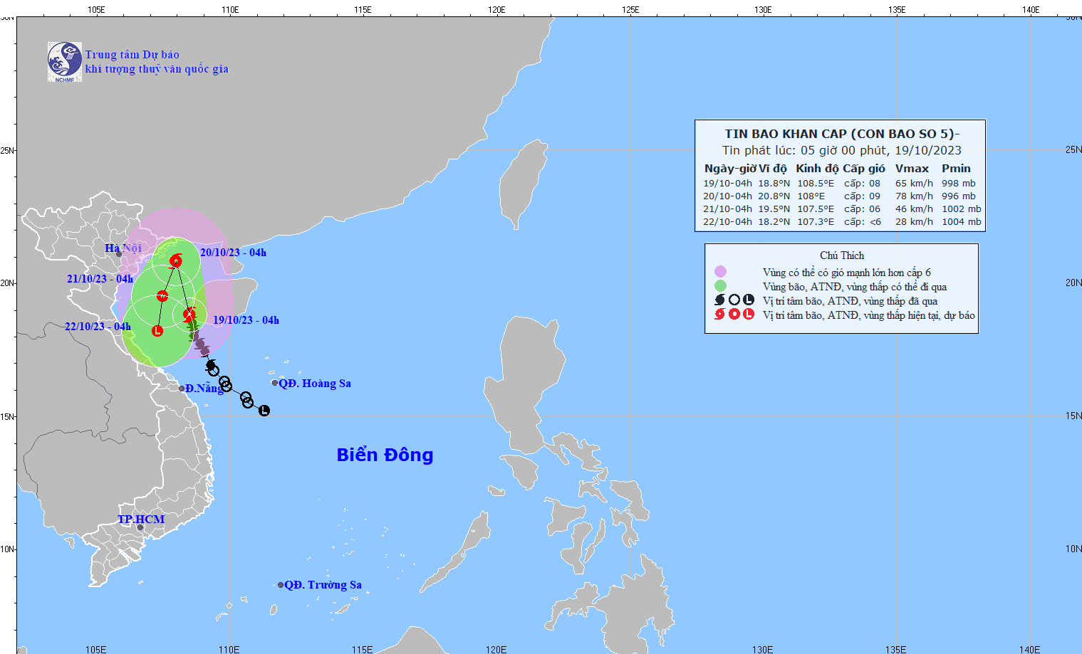 Vị trí và đường đi của bão. (Nguồn: Trung tâm Dự báo Khí tượng Thủy văn Quốc gia)
