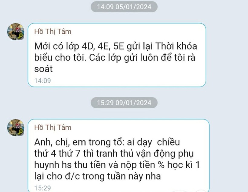 Hiệu phó kiêm Thủ quỹ Hồ Thị Tâm nhắn tin trên nhóm giáo viên đề nghị nộp tiền học thêm.