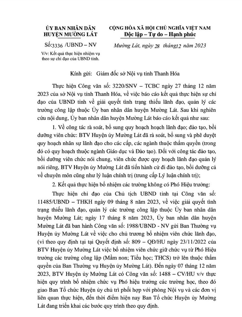 Công văn của UBND huyện Mường Lát gửi Sở Nội vụ tỉnh Thanh Hóa từ từ ngày 28/12/2023.