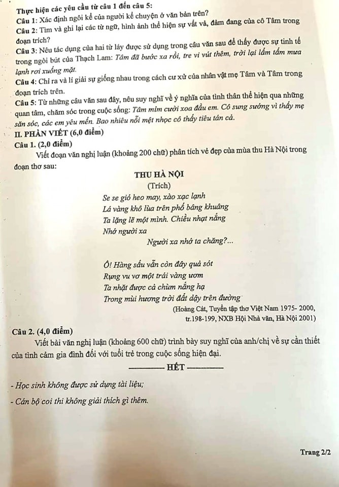 Đề gồm 2 trang với kết cấu gồm phần đọc hiểu và phần viết.