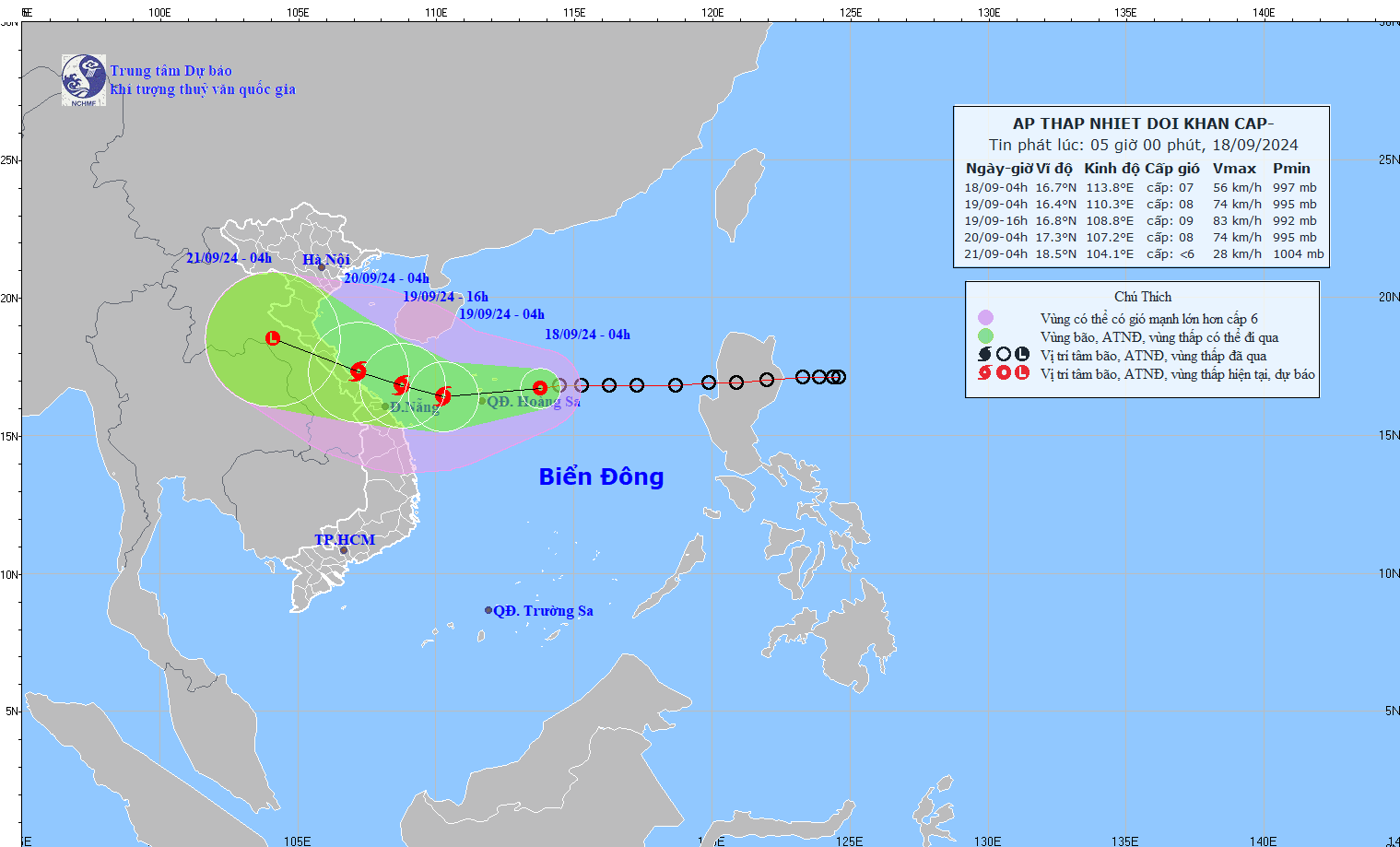 Áp thấp nhiệt đới cách Hoàng Sa khoảng 250km, có khả năng mạnh lên thành bão