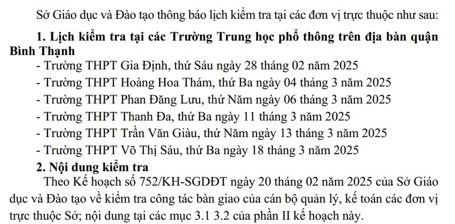 Trong đợt đầu tiên Sở GD&ĐT TPHCM sẽ kiểm tra 6 trường THPT tại quận Bình Thạnh.