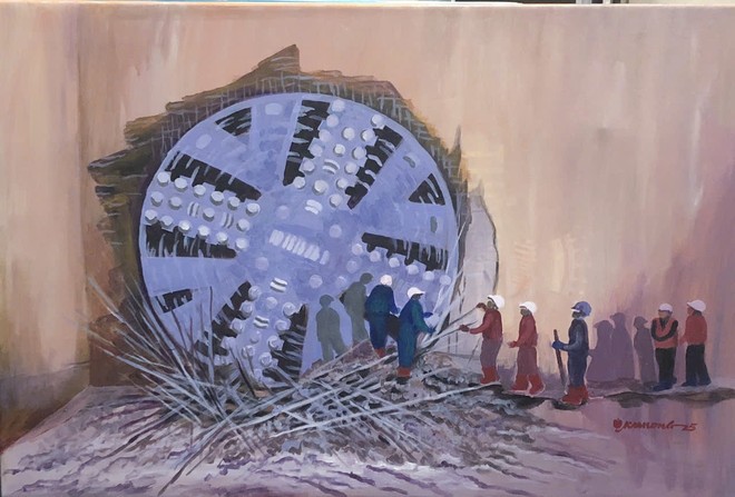 &quot;Khoan hầm metro&quot;, acrylic, Cao Minh Hồng