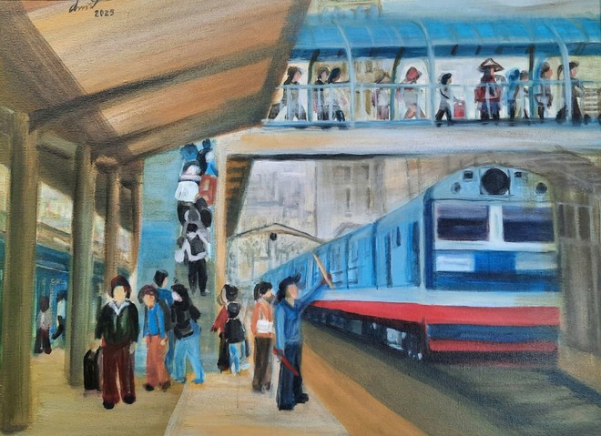 &quot;Ga Hà Nội&quot;, acrylic, Nguyễn Thị Chinh
