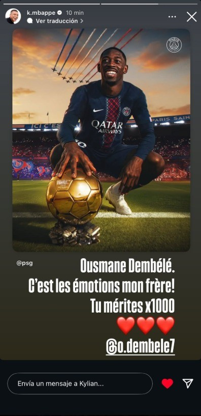 Kylian Mbappe đăng thông điệp chúc mừng đồng đội ở tuyển Pháp Ousmane Dembele giành Quả bóng Vàng 2025. mbappe.jpg
