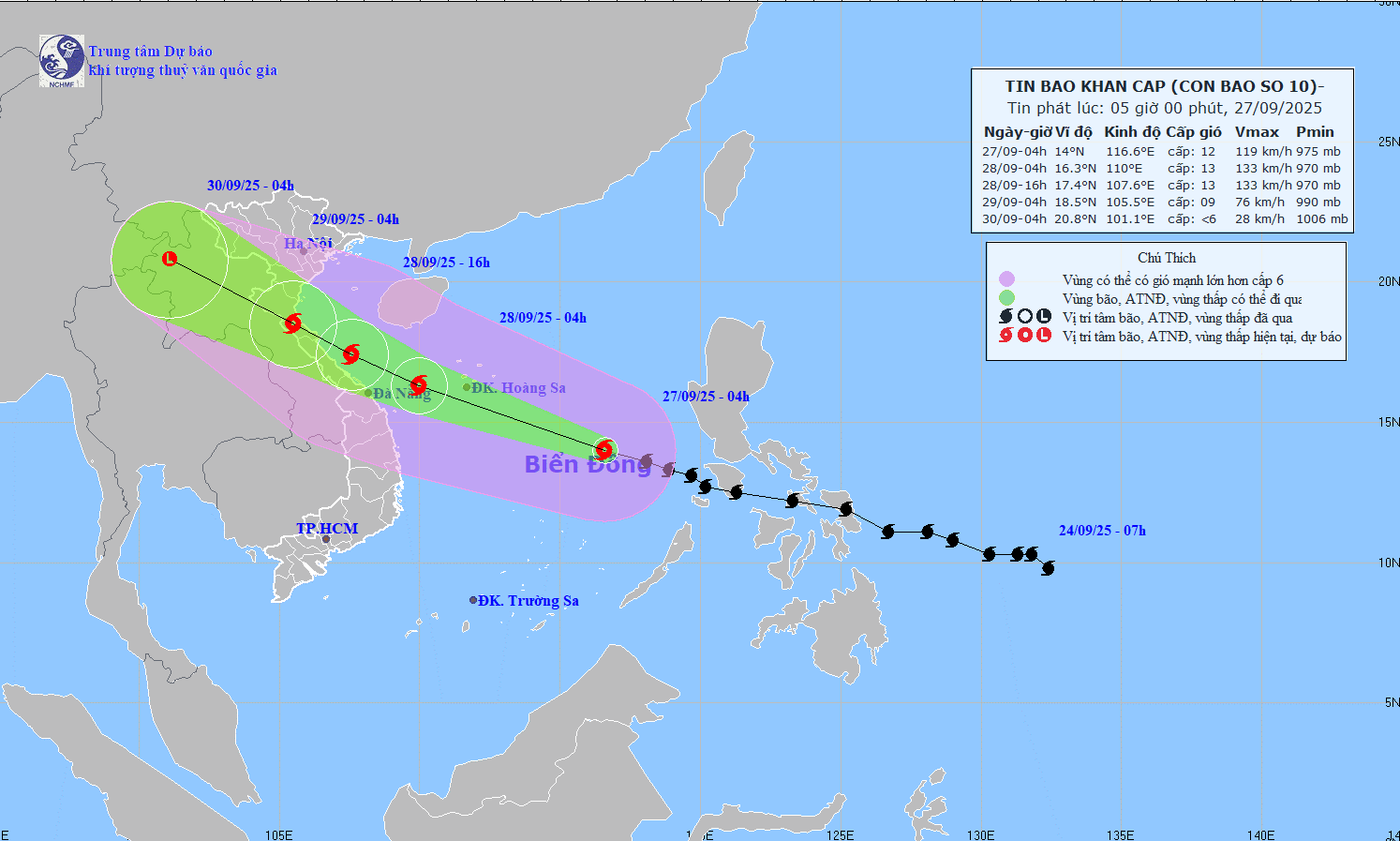 Bản đồ dự báo quỹ đạo và cường độ bão số 10 lúc 5h ngày 27-9. Ảnh: Nchmf