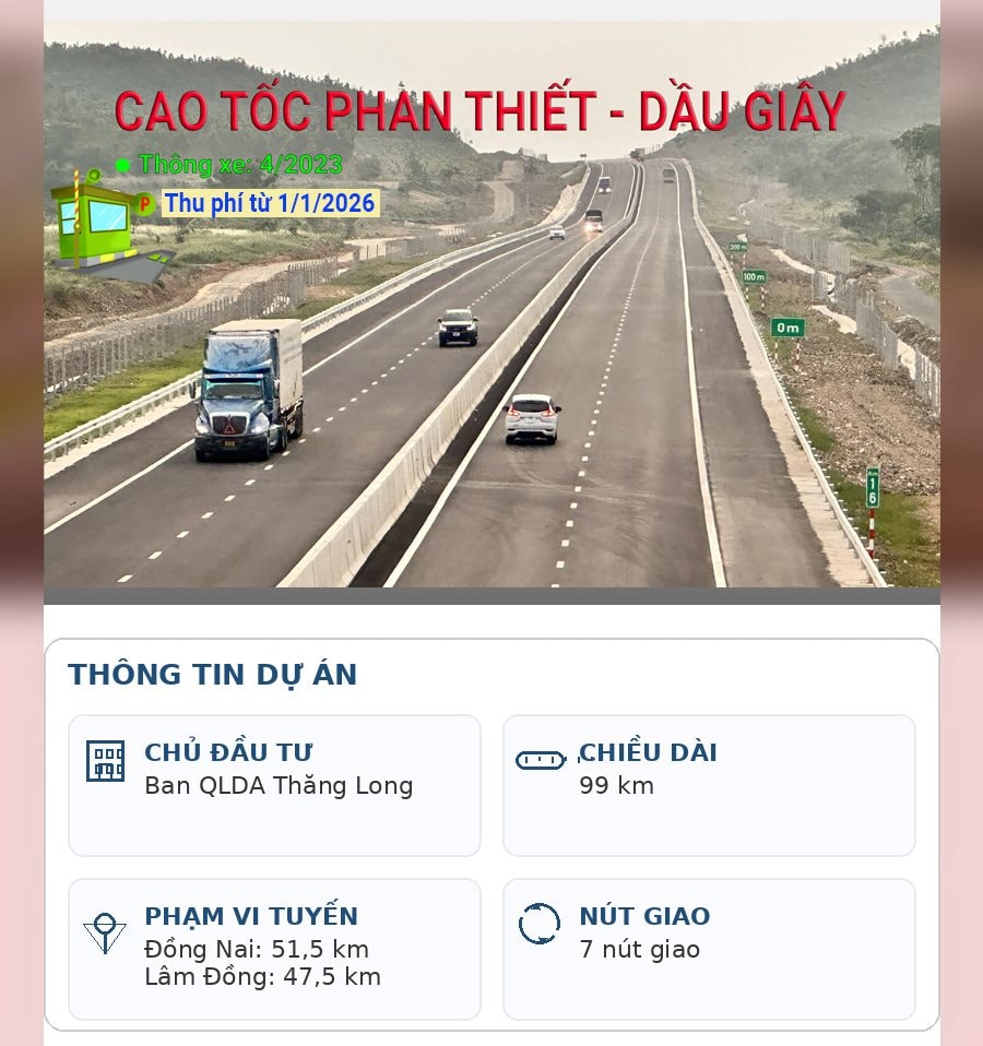 Thông tin về tuyến cao tốc Phan Thiết - Dầu Giây dự kiến thu phí từ 1.1.2026