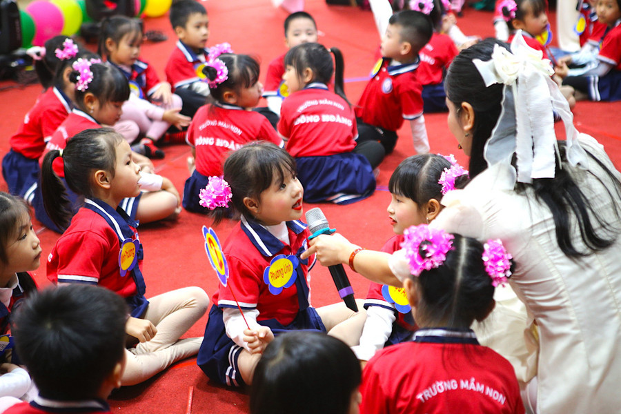 Hoạt động dạy trẻ nhận biết và thể hiện cảm xúc vui, buồn, tức giận của cô trò Trường Mầm non Đông Hoàng.