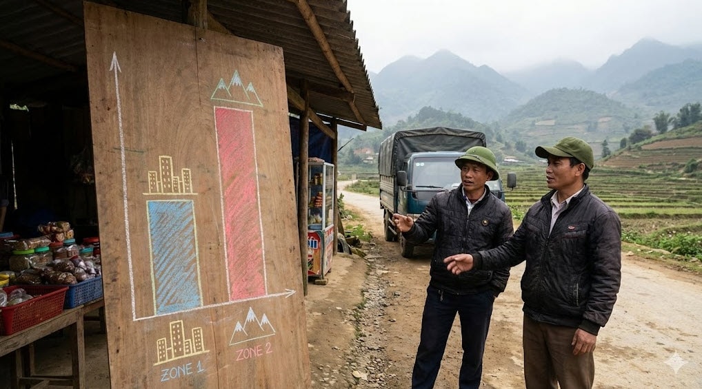 Biểu đồ so sánh giá xăng RON 95 tại Vùng 1 và Vùng 2 cho thấy sự chênh lệch đáng kể, ảnh hưởng đến chi phí vận tải tại các tỉnh miền núi