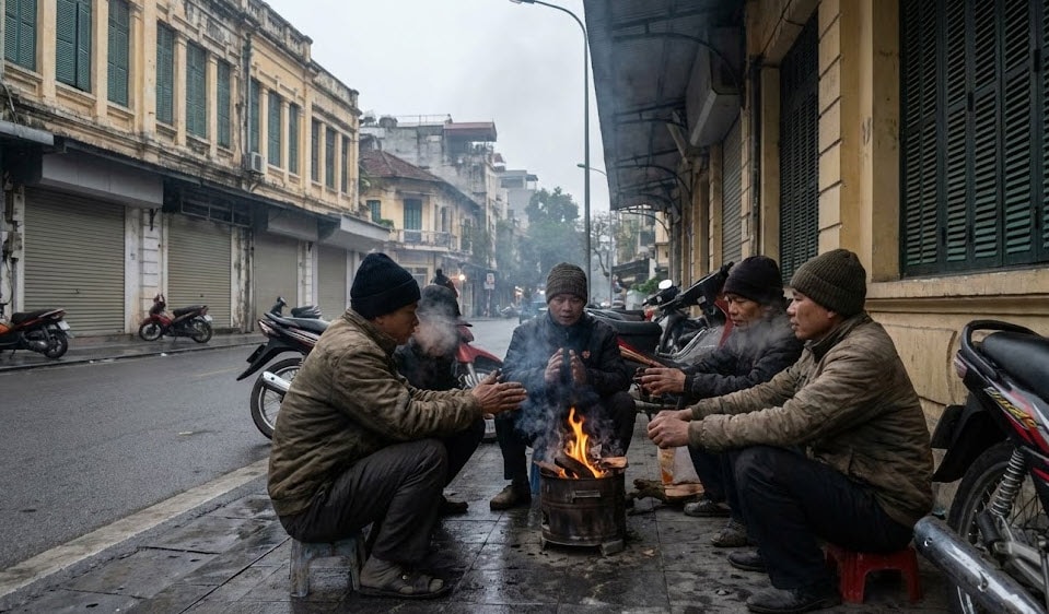 Người lao động đốt lửa sưởi ấm trên vỉa hè Hà Nội trong buổi sáng rét buốt ngày 22-1 - Ảnh minh họa