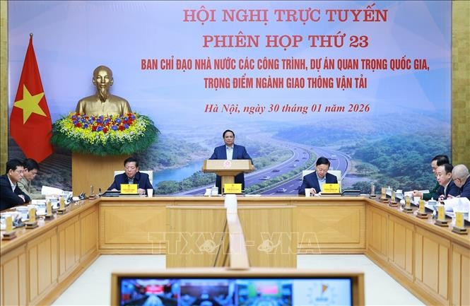 Thủ tướng Phạm Minh Chính chủ trì Phiên họp thứ 23 của Ban Chỉ đạo các công trình, dự án quan trọng quốc gia, trọng điểm ngành Giao thông vận tải. Ảnh: Dương Giang/TTXVN