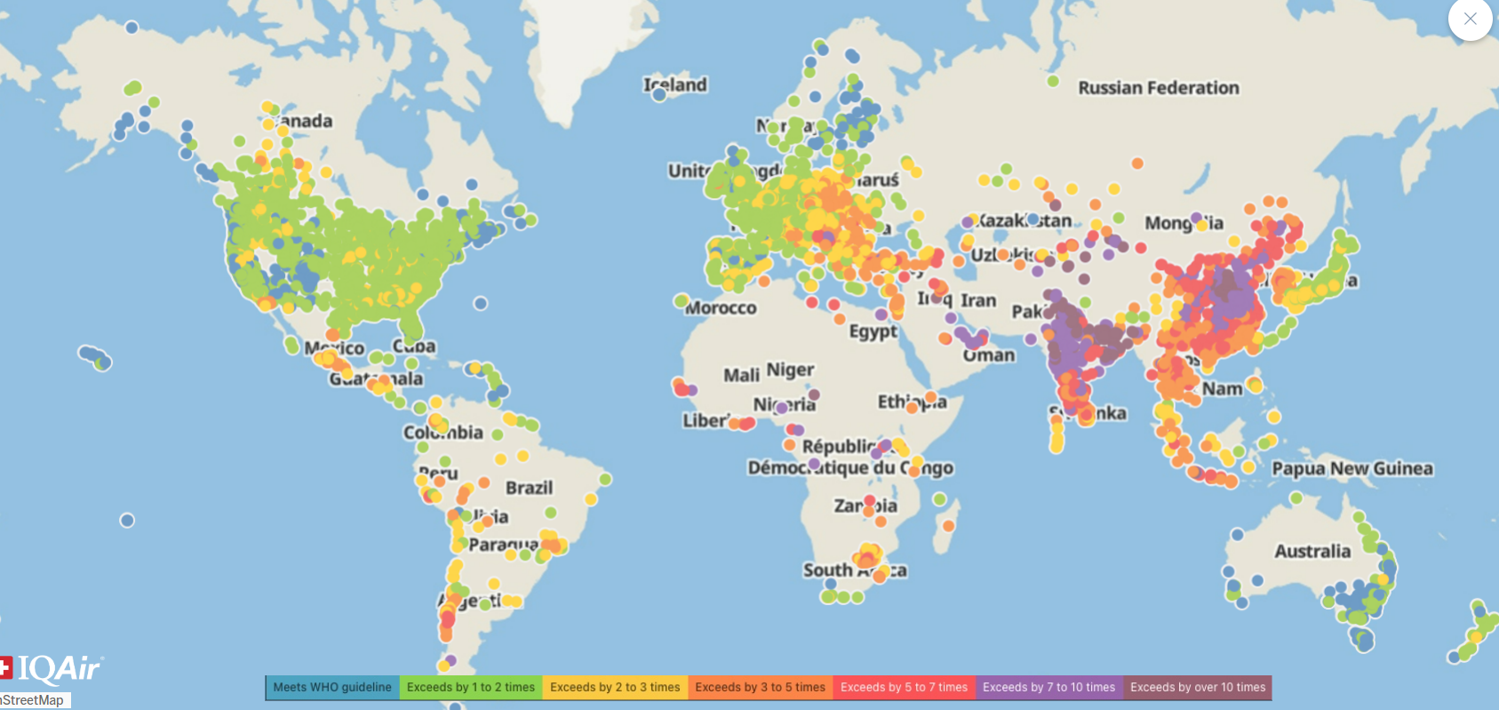 Bản đồ về nồng độ PM2.5 theo thành phố 2025. Ảnh: IQAir