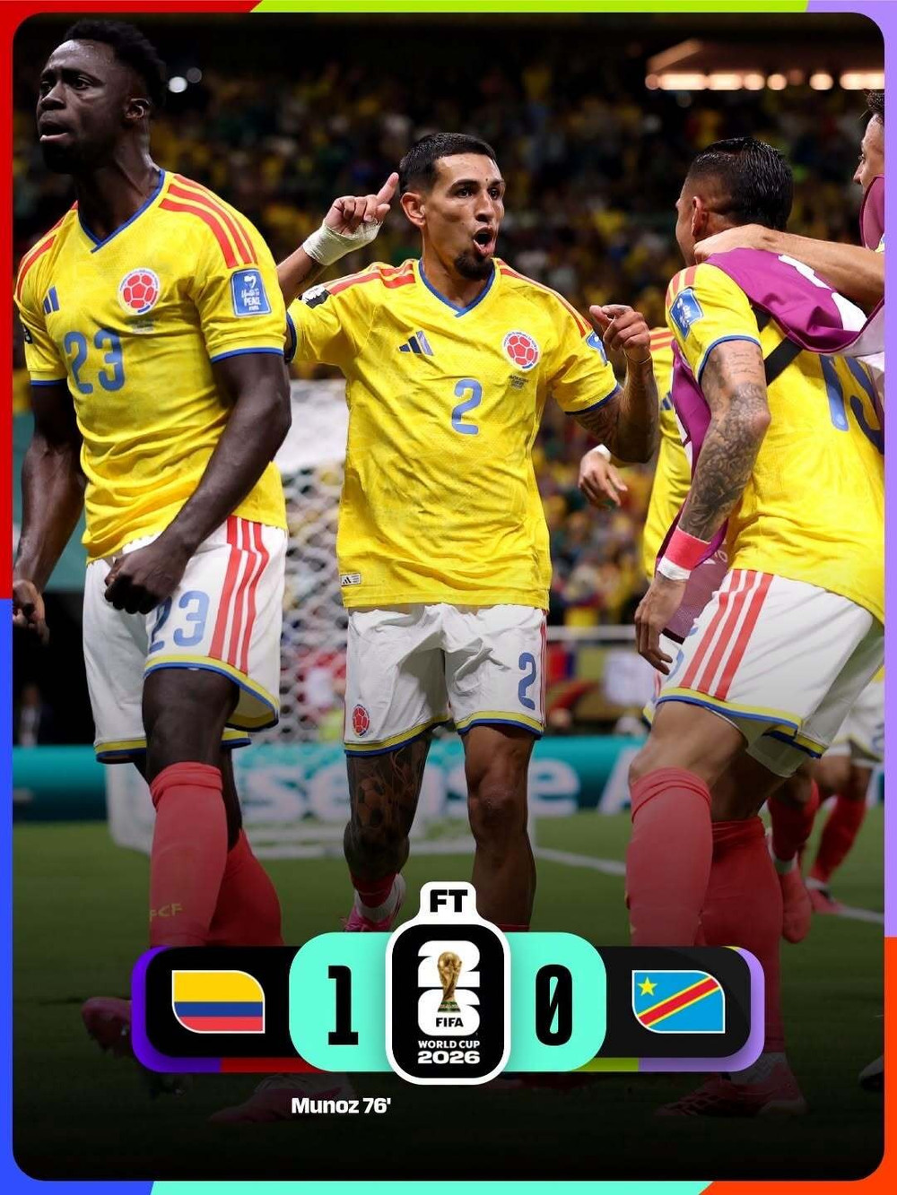 Colombia nhọc nhằn đánh bại CHDC Congo để giành quyền vào chơi vòng 1/16 World Cup 2026. Ảnh: FIFA 729897118-1374768631203767-3866787201490181569-n.jpg