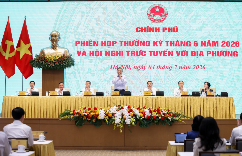 Tổng Bí thư, Chủ tịch nước Tô Lâm cùng các đồng chí lãnh đạo Đảng, Nhà nước tại phiên họp Chính phủ thường kỳ tháng 6/2026 và Hội nghị trực tuyến Chính phủ với các địa phương. Ảnh: VGP/Nhật Bắc. 2.jpg