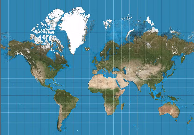 Bản đồ Mercator cho thấy lục địa châu Phi nhỏ hơn cả Greenland dù thực tế lớn hơn hòn đảo này tới 14 lần. Ảnh: CC 1788569115949.png